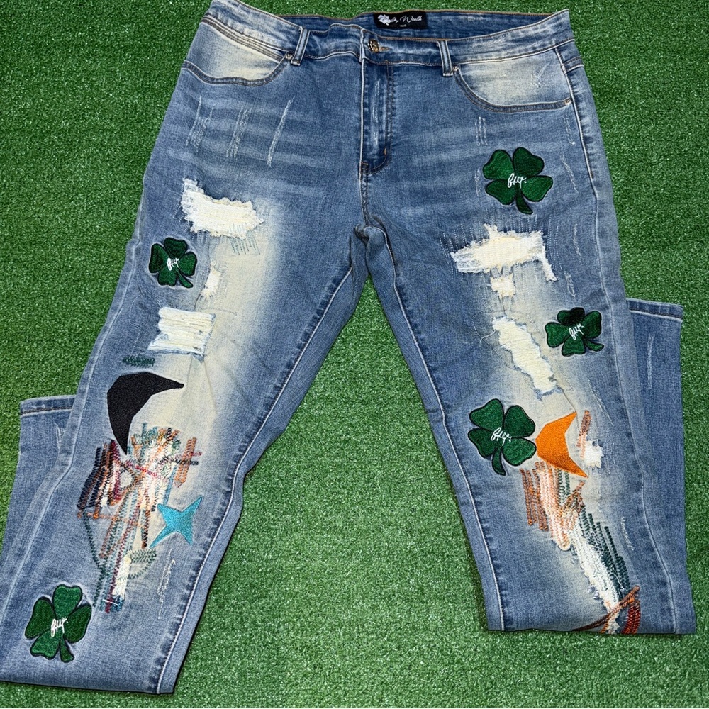 Filthy Wealth Clover Blue Distressed Denim Jeans Size 36